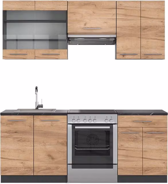 Cucina componibile Fame-Line Rovere dorato/Antracite 200 cm senza piano di lavoro Vicco