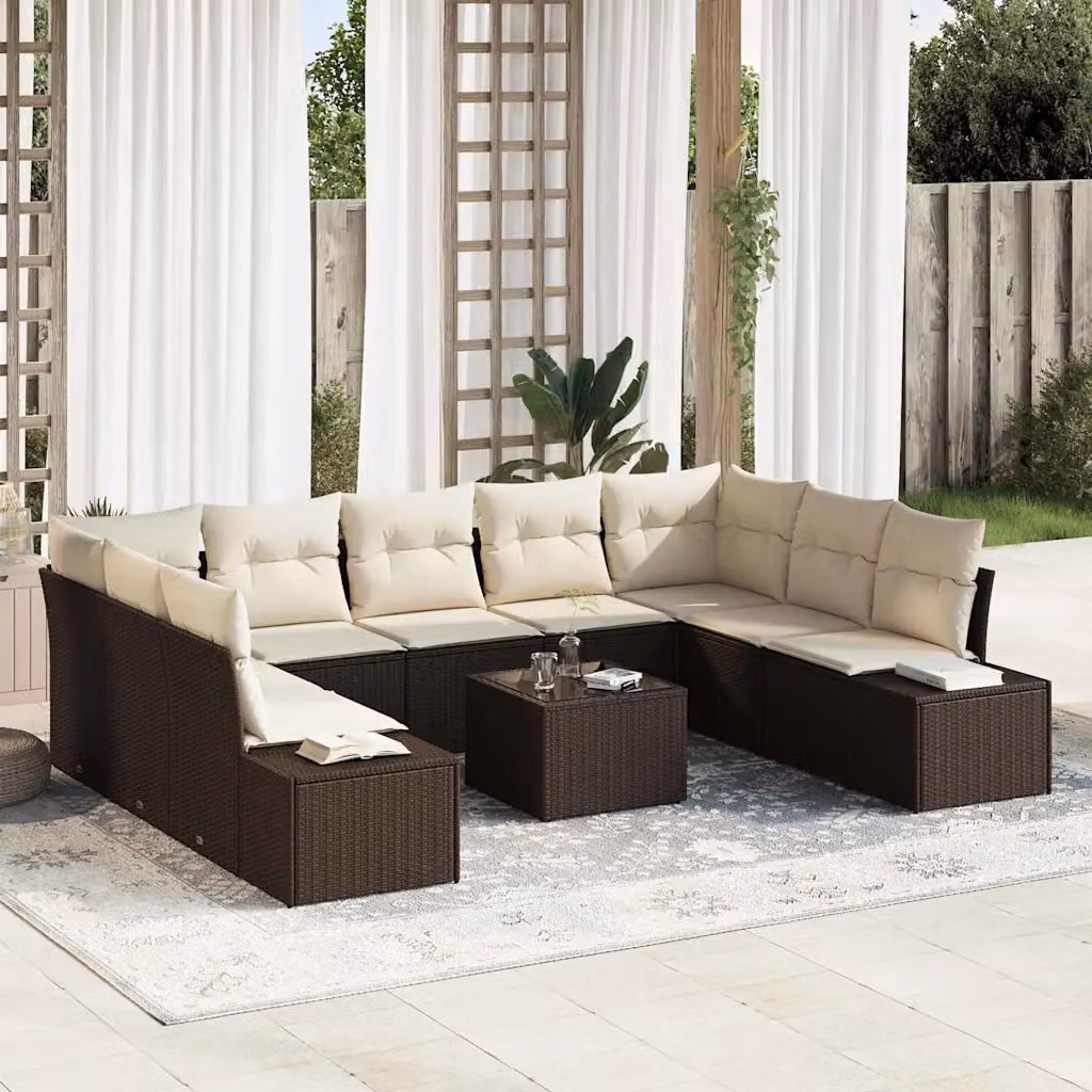 Set Divano da Giardino vidaXL 9 Pezzi a Forma di U in Polyrattan Marrone e Beige con Cuscini e Struttura in Metallo – 1