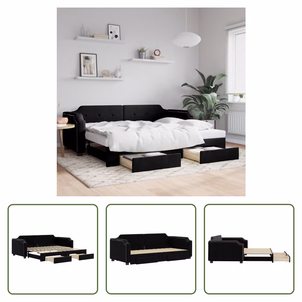 The Living Store Letto da giorno allungabile con cassetti nero 100x200 cm in tessuto