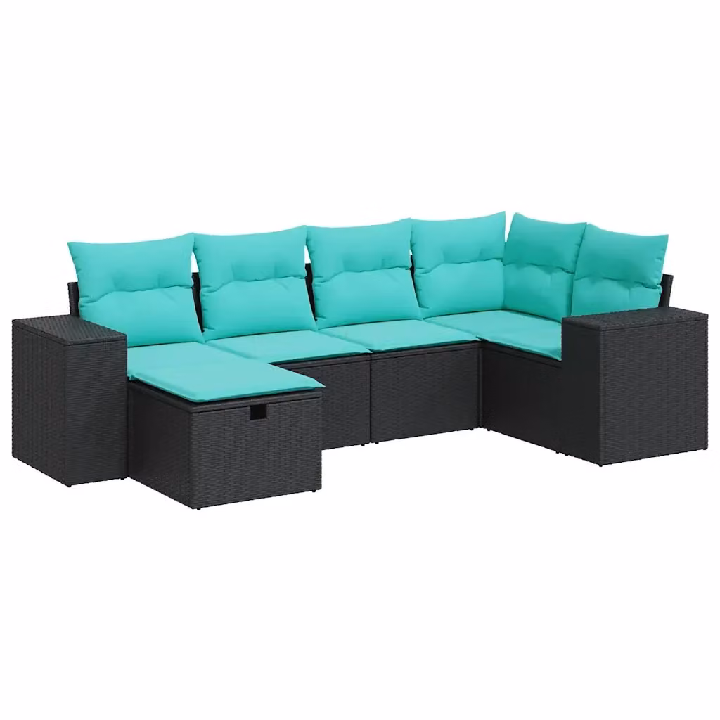 Set Divano da Giardino a L vidaXL in Polyrattan Nero con 6 Cuscini e Ottoman – 2