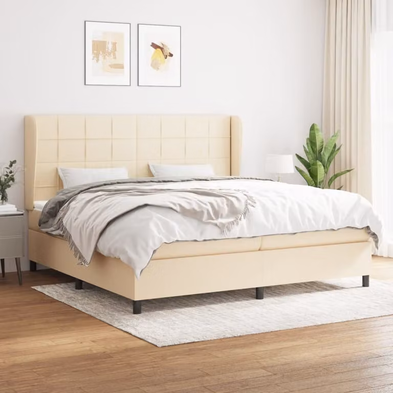 The Living Store Letto a molle con materasso crema 200x200 cm in tessuto