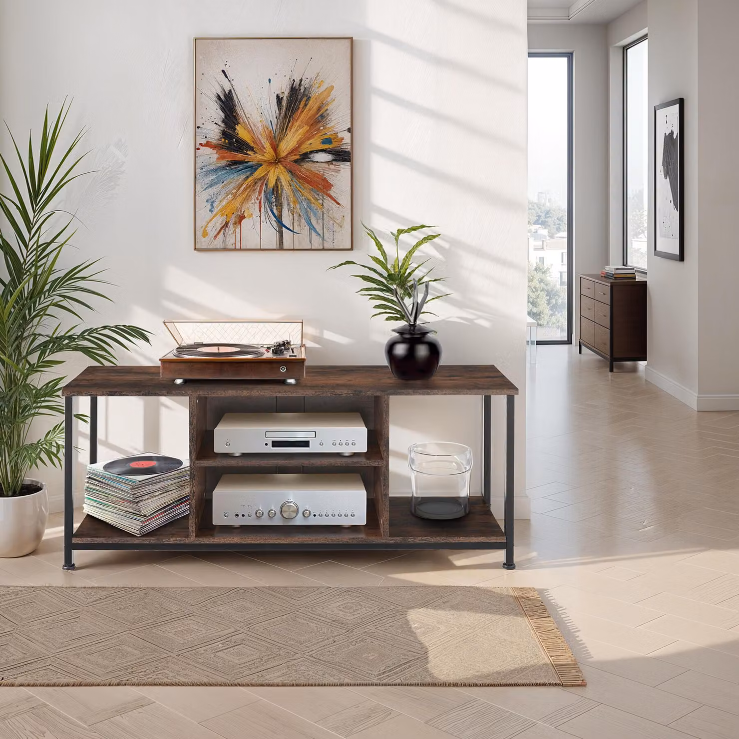 Mobile basso industriale da TV TecTake GmbH in legno e metallo marrone, L: 120 cm, P: 40 cm, H: 50,5 cm – 2