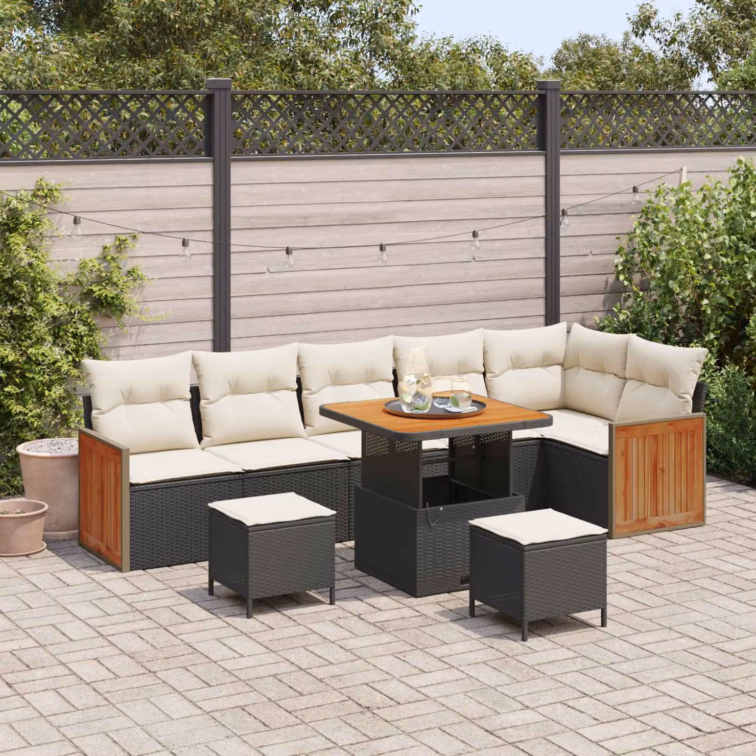 Set Divano da Giardino vidaXL 9 posti a L con Tavolino e Pouf, Nero e Beige