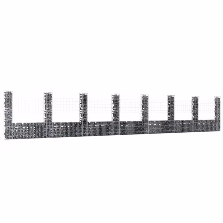 vidaXL Gabbione a U in acciaio con 8 pali in ferro, colore grigio/argento, L: 860 cm, P: 20 cm, H: 150 cm