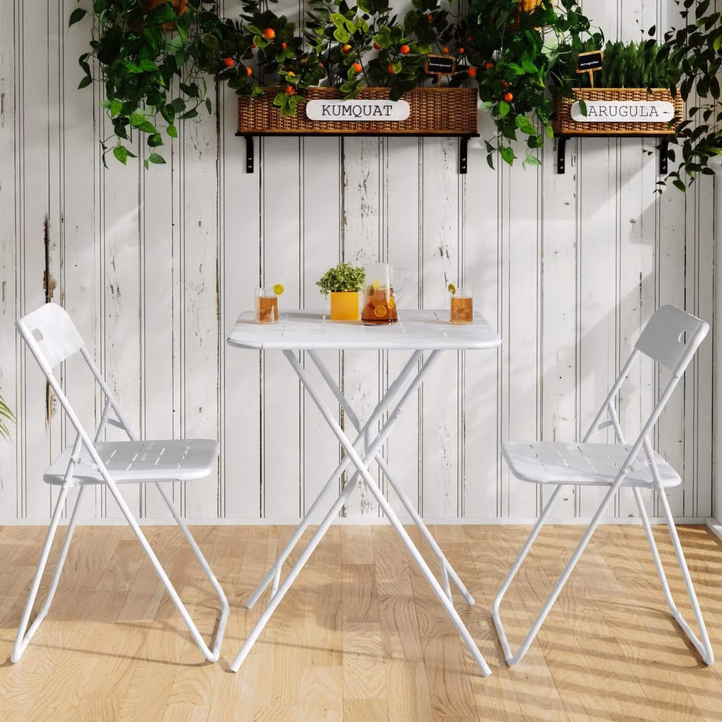 Set bistro pieghevole in 3 pezzi in acciaio verniciato bianco con 2 sedie e 1 tavolo quadrato per giardino e balcone – 2