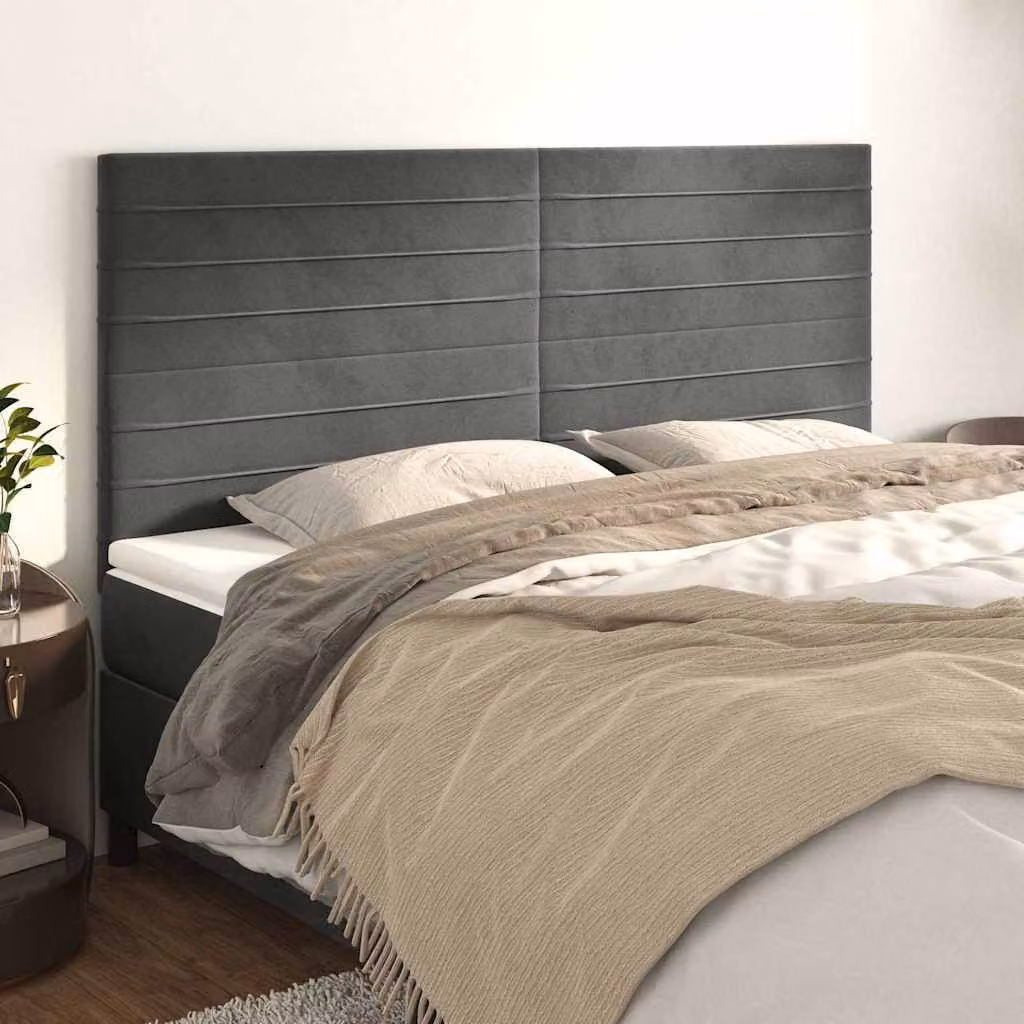 Testiera per letto vidaXL in velluto grigio scuro con struttura in legno e MDF, L: 180 cm, H: 118/128 cm, P: 5 cm