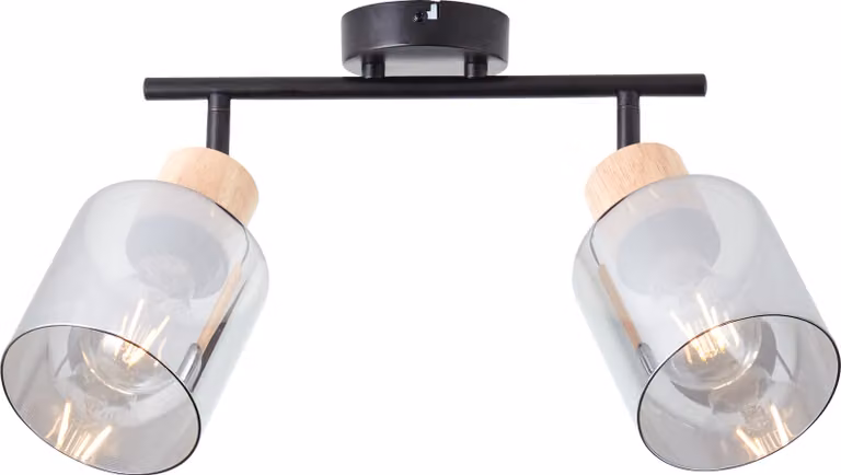 BRILLIANT WEALD faretto tubo 2flg nero/fumo/legno | faretto da soffitto con paralume color fumo | 2 x E27 max. 40 W | metallo/vetro/legno