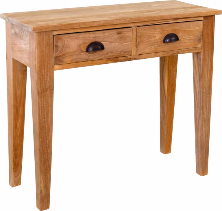 Tavolino consolle in teak Väsa, dimensioni 90x35 cm, con 2 cassetti, in legno massello, resistente agli agenti atmosferici
