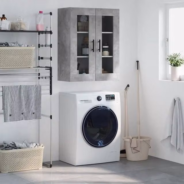 Mobile a Parete Moderno vidaXL Grigio con Ante in Vetro e Ripiani in Legno L: 69,5 cm, P: 34 cm, H: 90 cm – 1