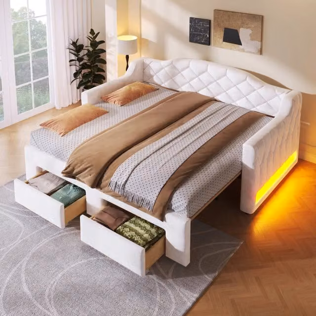 Letto estraibile imbottito con due cassetti e illuminazione LED regolabile a sette colori in MDF compensato e velluto bianco