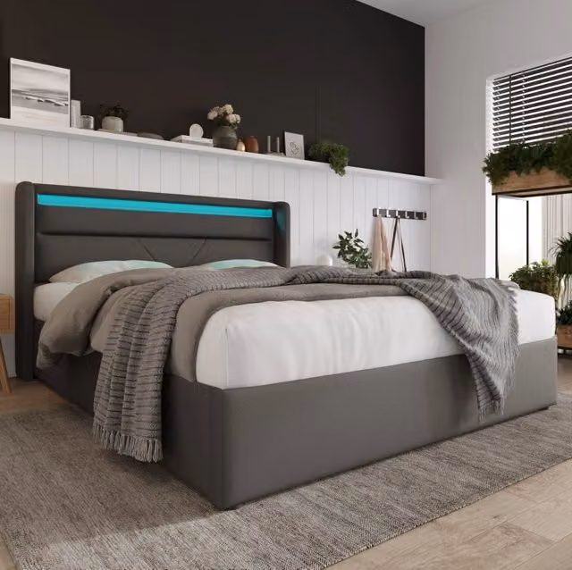 Letto contenitore 140x200 cm; con LED e sollevamento idraulico; PU grigio (Senza materasso)