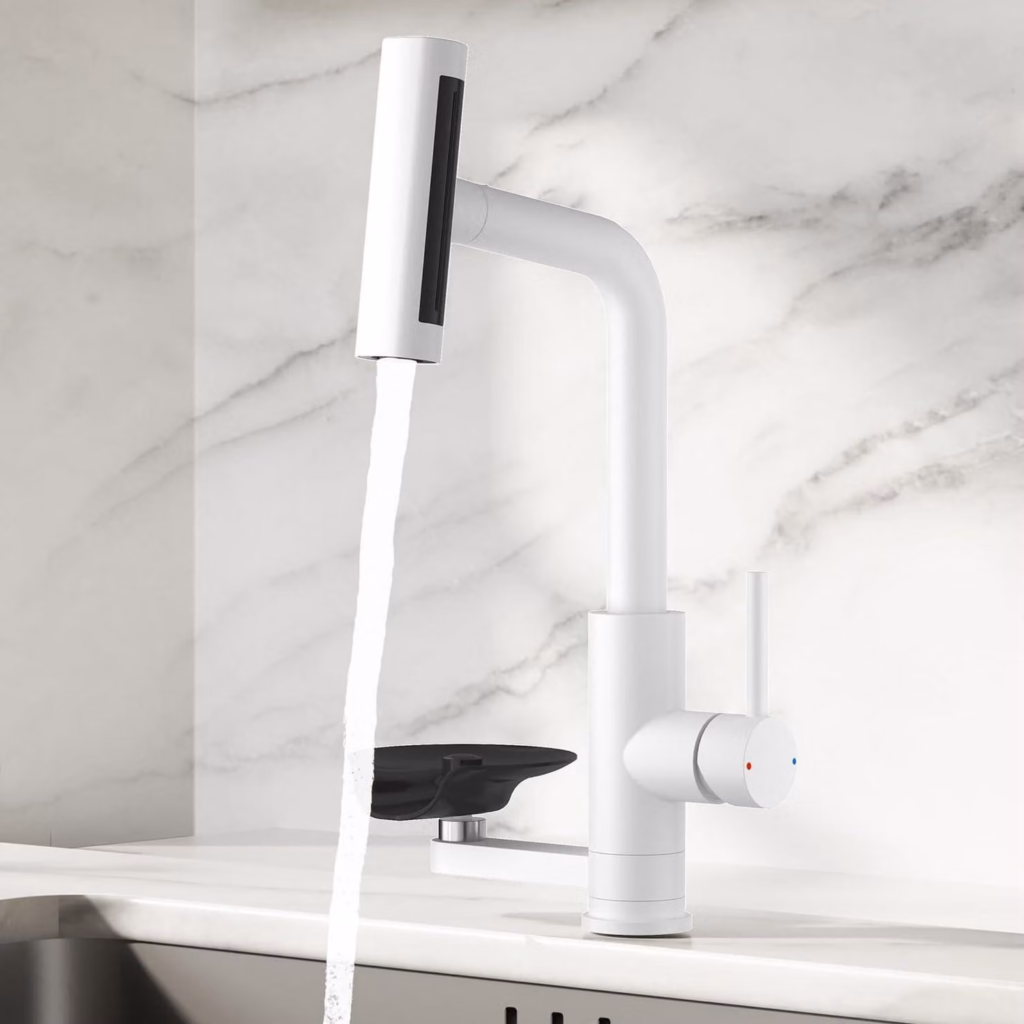 Miscelatore da cucina girevole a 360°, estensibile, con doccetta, in acciaio inossidabile 304, bianco, con 4 tipi di getto e funzione lavastoviglie