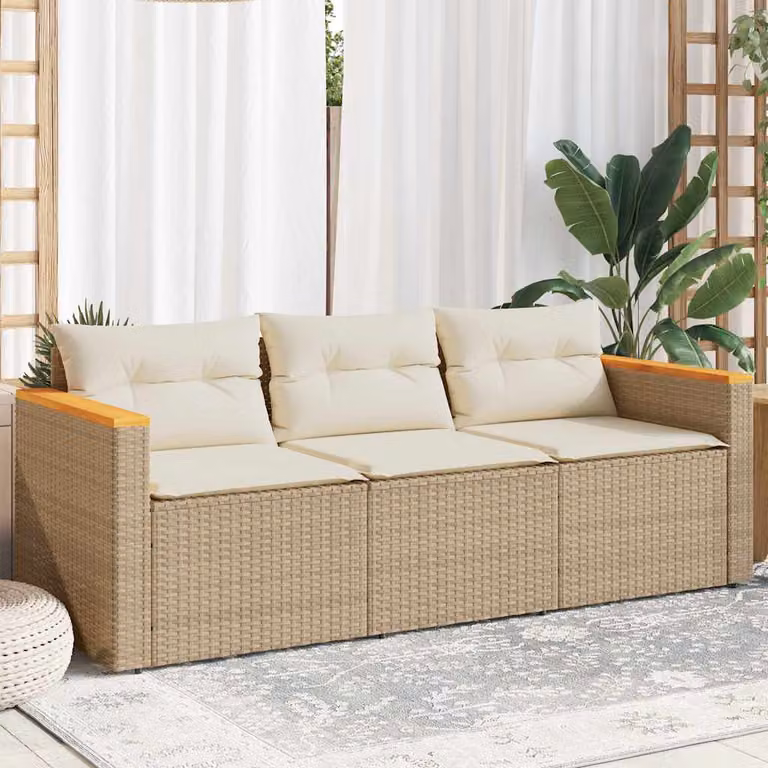 vidaXL Divano da Giardino a 3 Posti in Polyrattan Beige con Cuscini Imbottiti e Rivestimenti Rimovibili L: 177 cm, P: 65 cm, H: 66 cm