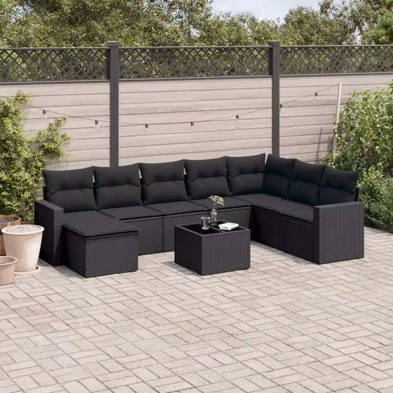 vidaXL Set Divani da Giardino a Forma di U composto da 9 Pezzi con Cuscini e Tavolino Nero in Polyrattan e Acciaio