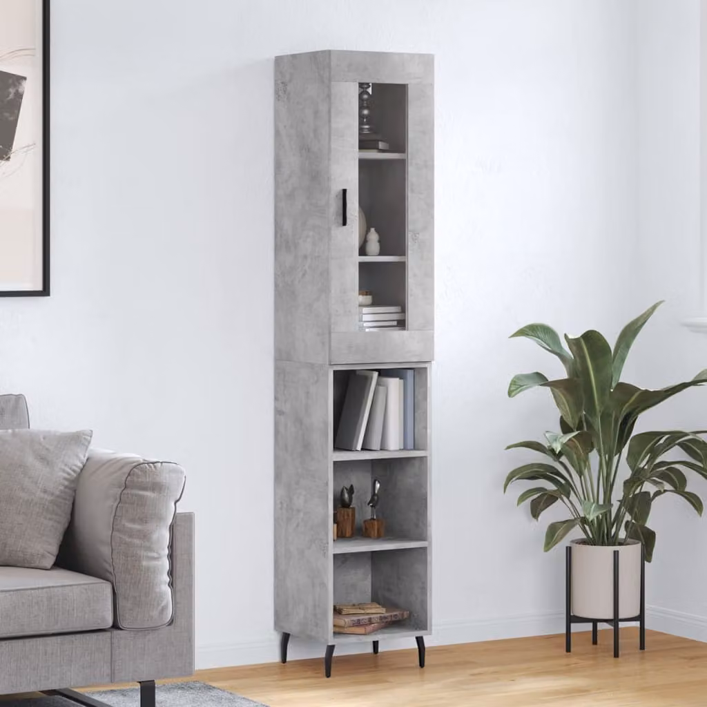 Credenza moderna vidaXL in legno multistrato e metallo, colore grigio cemento, L/P/H: 34,5 x 34 x 180 cm