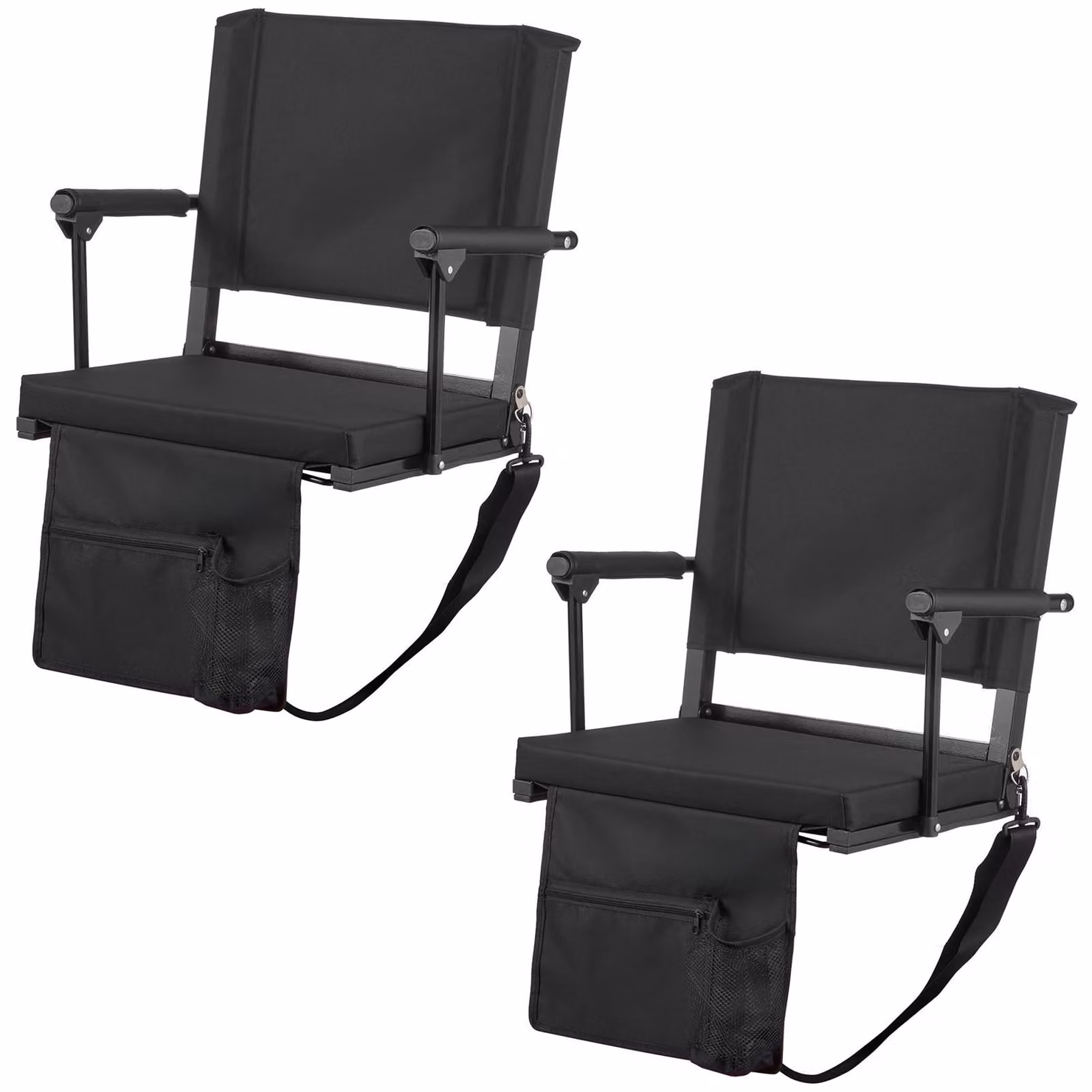 SucceBuy: sedile da stadio portatile con schienale e braccioli, sedia da stadio con tracolla, portabevande e ganci di fissaggio, set da 2 pezzi, nero (larghezza totale 474,98 mm)