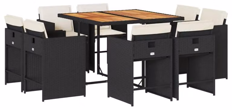 Set da giardino a 9 pezzi - Pieghevole, in rattan sintetico nero e crema - Tavolo in legno