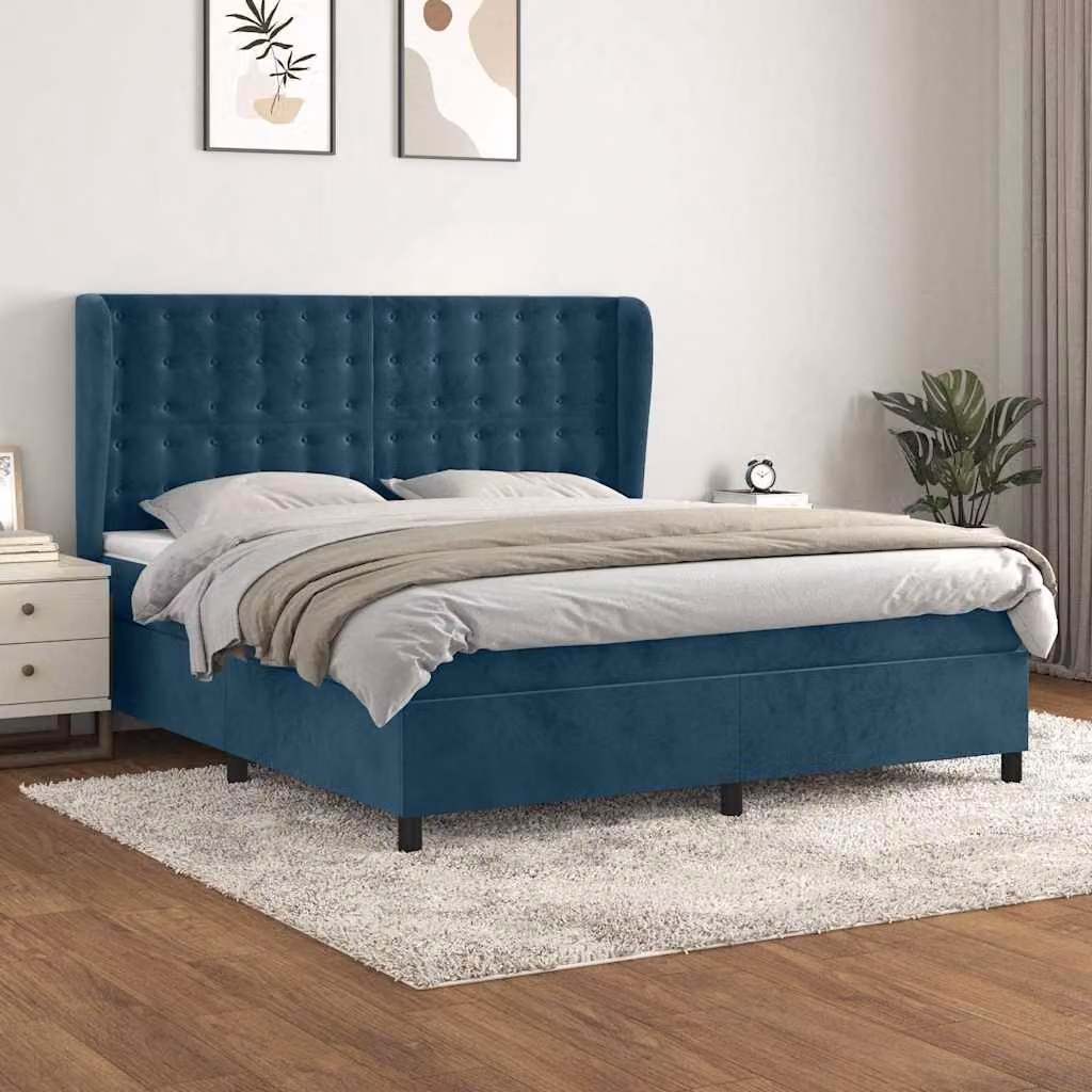 vidaXL Giroletto a Molle con Materasso Ibrido in Velluto Blu Scuro L/P/H: 160 x 200 cm – 1
