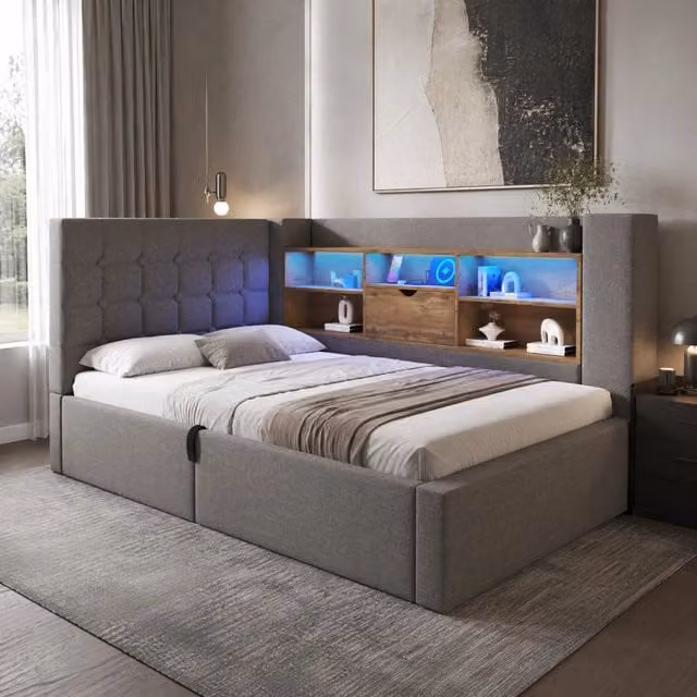 Letto singolo ULEVR 90x200 cm con materasso H3, contenitore idraulico, LED e porte USB, grigio