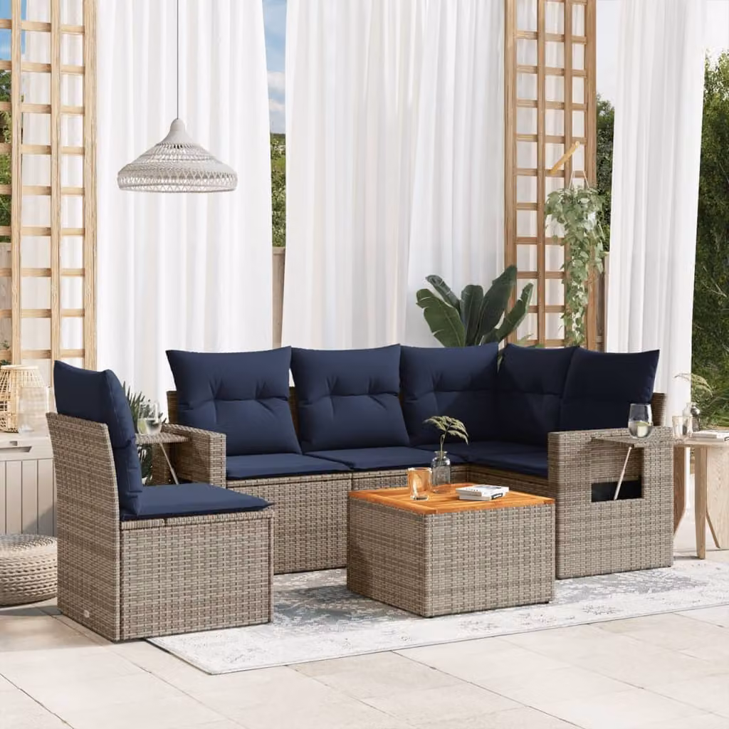 Set da giardino vidaXL in polyrattan composto da 6 pezzi con cuscini blu e grigi e tavolino da esterno in stile moderno
