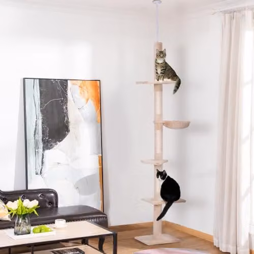 Struttura di arrampicata per gatti, regolabile in altezza da 230 a 260 cm, design a cinque livelli, portata 15 kg, rivestimento in morbido peluche, ideale per famiglie con più gatti