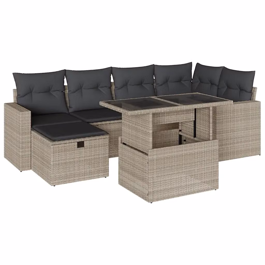 Set da giardino moderno vidaXL composto da 7 pezzi con divano a L, poltrone, pouf e tavolino da caffè in rattan grigio con cuscini inclusi – 2