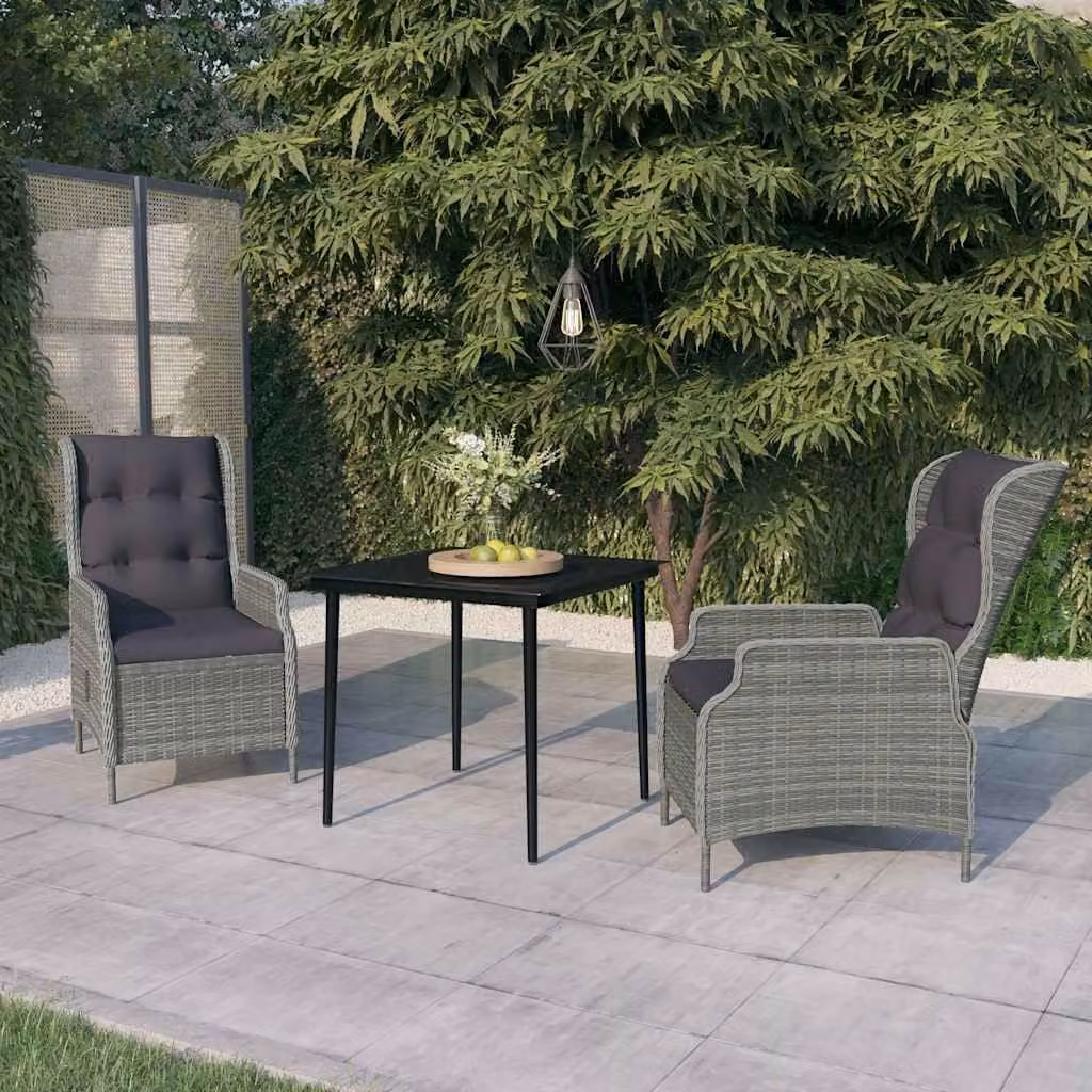 Set da pranzo da giardino vidaXL in metallo e rattan con piano in vetro, 3 pezzi, Grigio e Nero