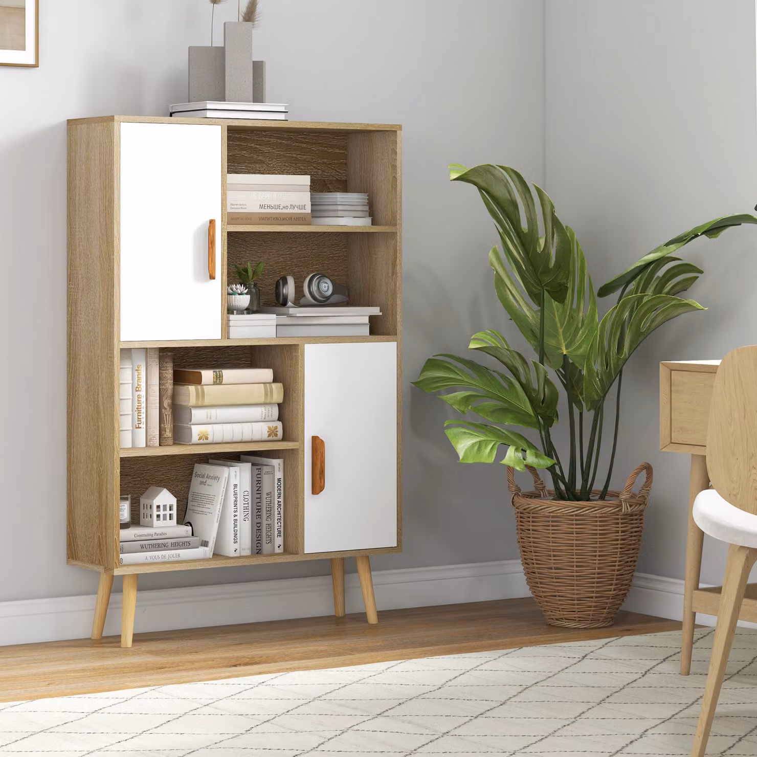 Libreria scandinava HOMCOM in legno di quercia con 4 nicchie e 2 armadi, L/P/H: 80 x 24 x 123 cm – 2