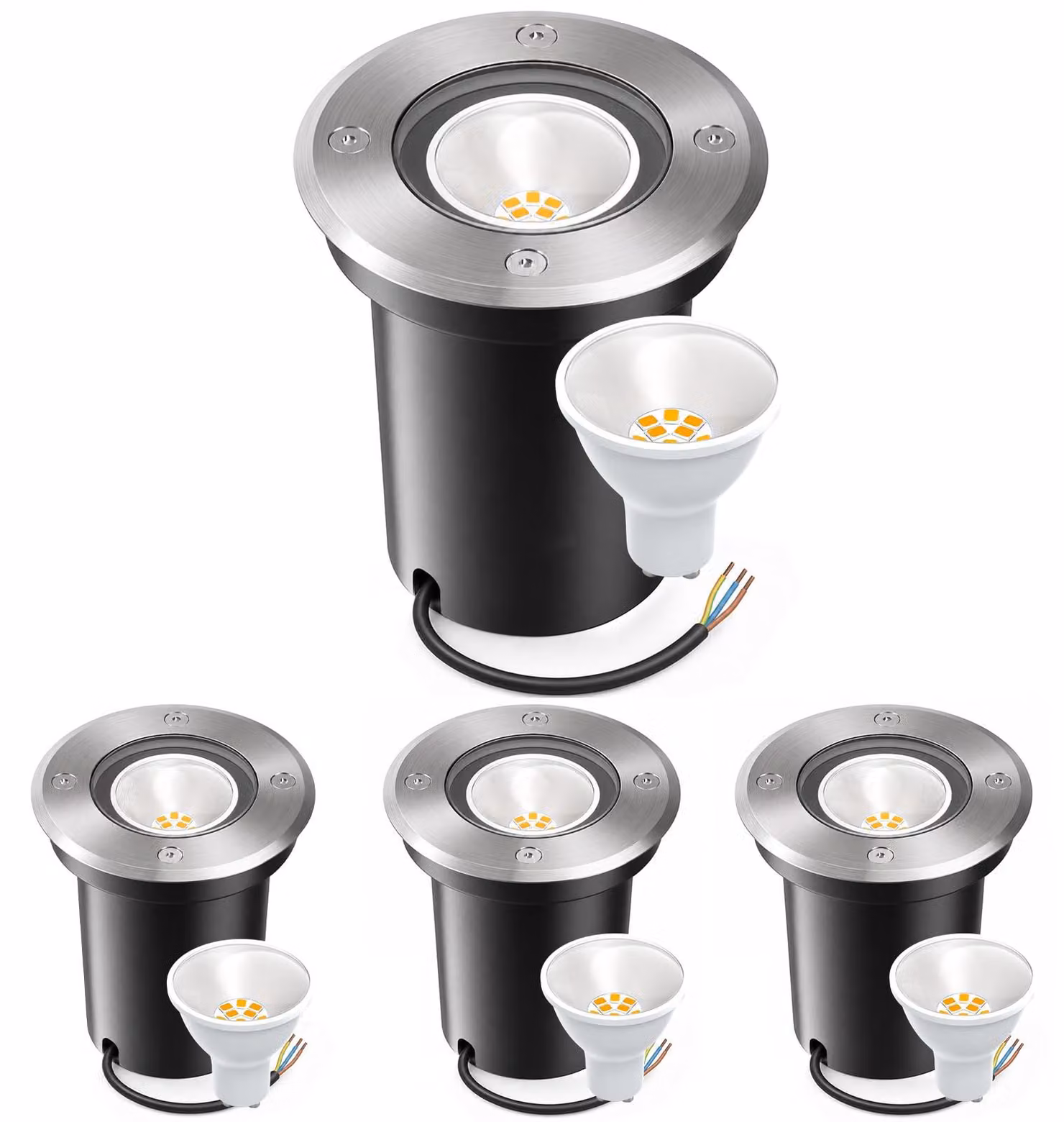 Set di 4 faretti da incasso a pavimento, grado di protezione IP67, attacco GU10, LED 3W, luce bianco caldo, resistenti fino a 2000 kg
