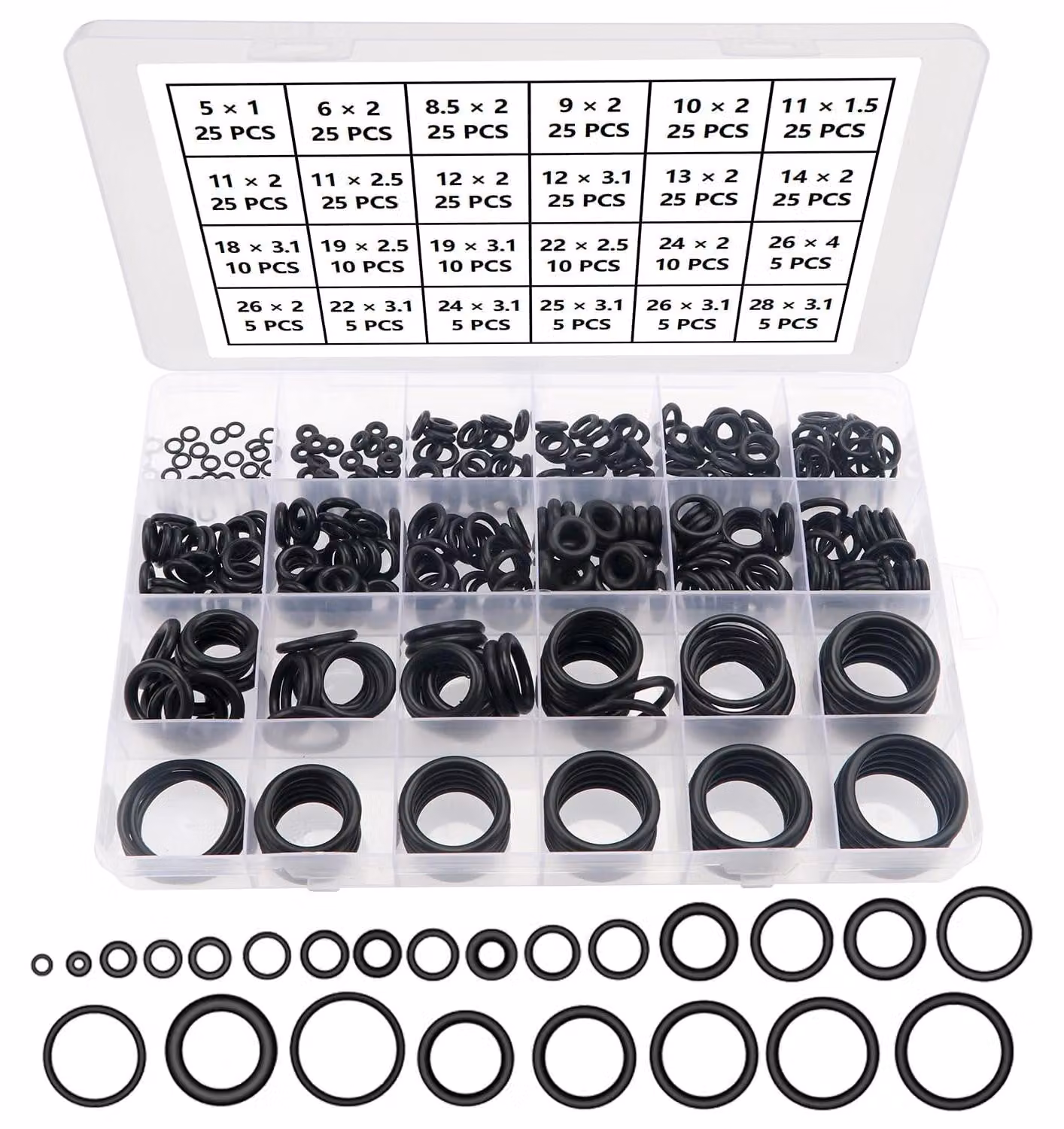 Set di O-ring in nitrile - Nero - 385 pezzi - 24 misure metriche - Assortimento guarnizioni