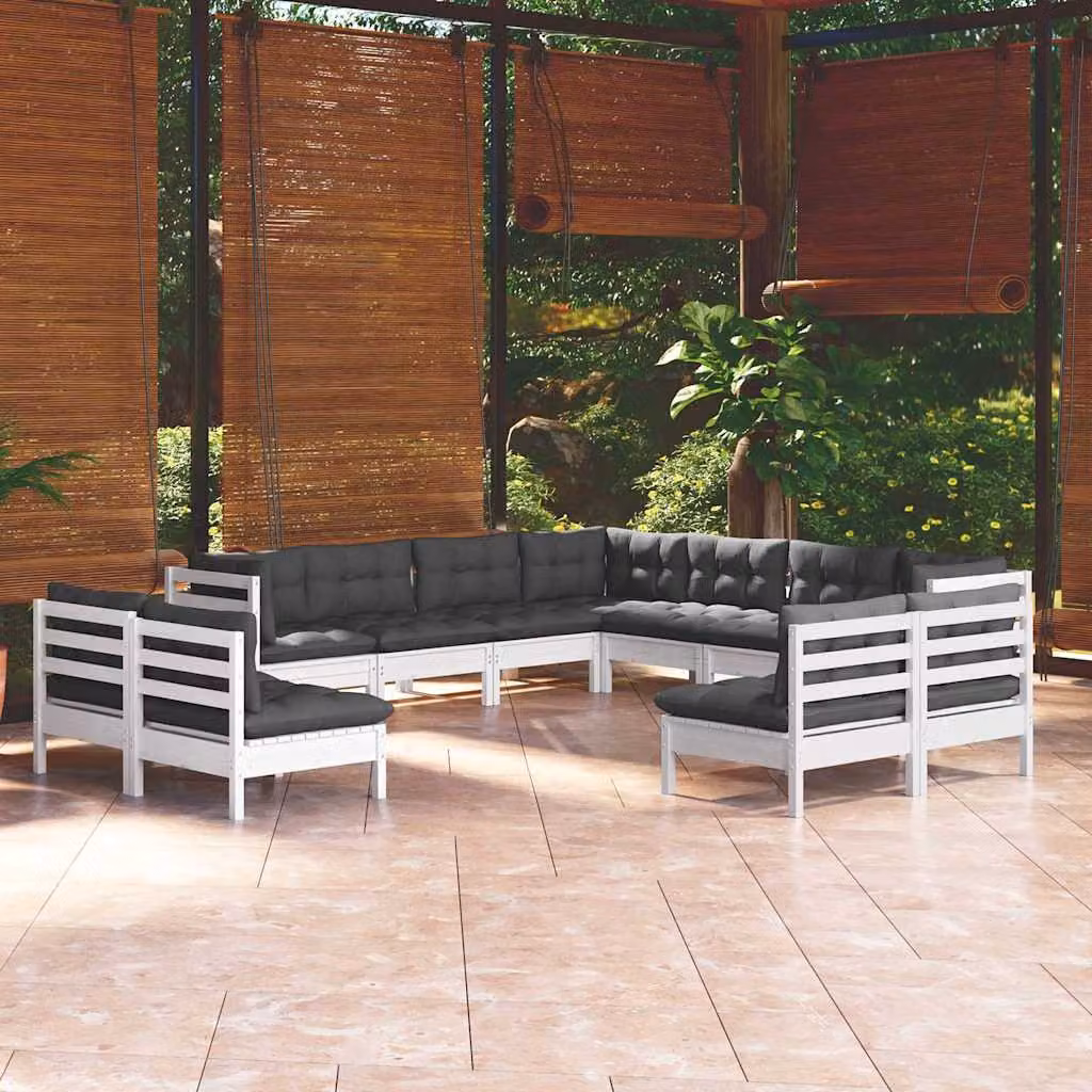 Set di divani da giardino vidaXL a forma di U composto da 11 pezzi in legno di pino con cuscini bianchi, grigi e antracite