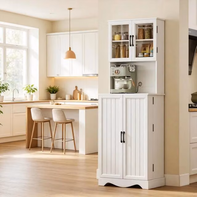 Alta credenza da cucina con 4 ante, piano di lavoro, 8 portaspezie e ripiani regolabili, pratico mobile contenitore per la cucina