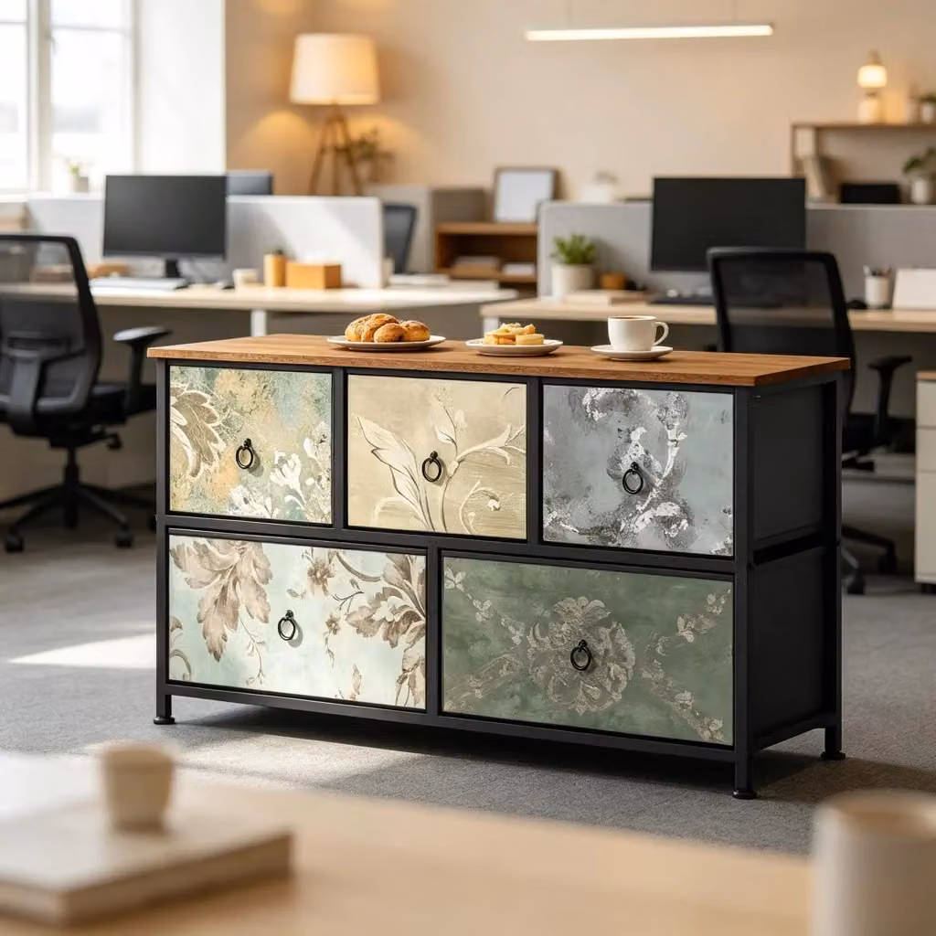 Mobile contenitore WISHDOR in stile industriale con 5 cassetti decorazione floreale multicolore L/P/H: 100 x 54 x 30 cm – 2