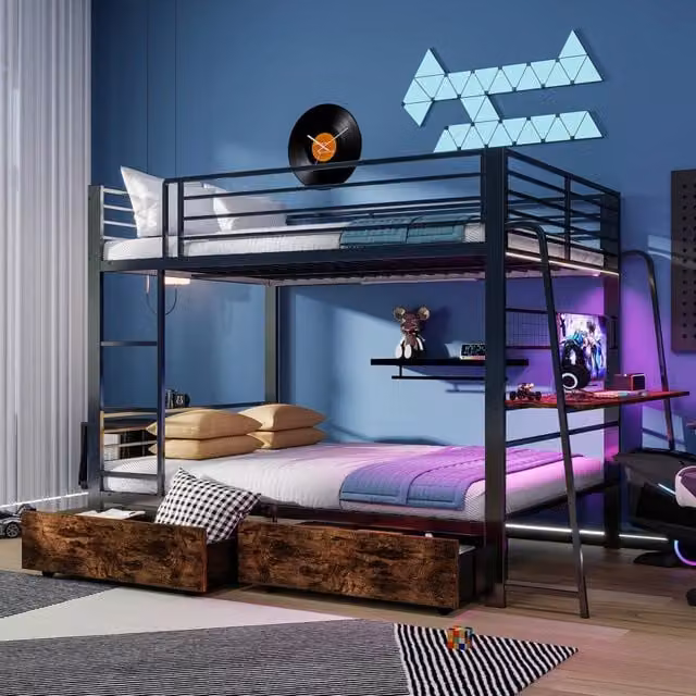 Letto a soppalco con scrivania cassetti e LED ¨C Minimal ¨C 140x200 cm colore nero materiale metallo