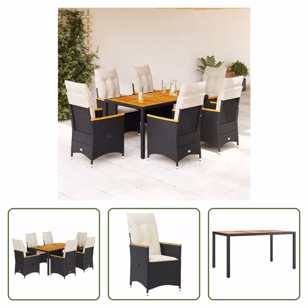 The Living Store Set da pranzo da giardino 7 pezzi con cuscini in polirattan nero