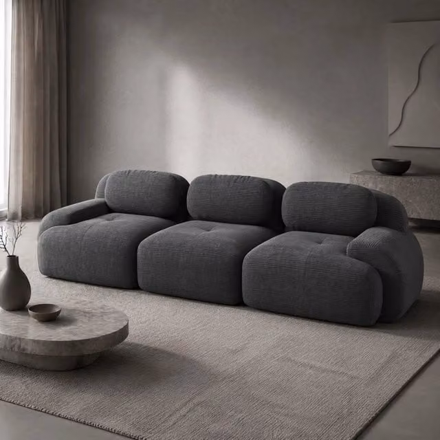 Divano modulare 3 posti 298x103x70 cm in tessuto grigio senza montaggio, per soggiorno –