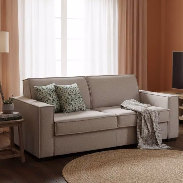 Divano Letto Alk Talamo Italia, Divano a 2 posti con apertura girevole e braccioli slim, Rivestimento in tessuto beige, L: 160 cm, H: 90 cm, P: 95 cm – 1
