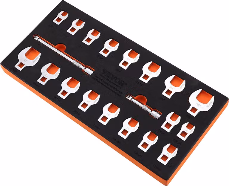 Set di chiavi a piede di porco, azionamento da 3/8 di pollice, set di chiavi a piede di porco da 20 pezzi con 2 barre di prolunga e organizer in EVA, SAE 3/8-7/8 di pollice e metrico 10-22 mm, materiale 40CR