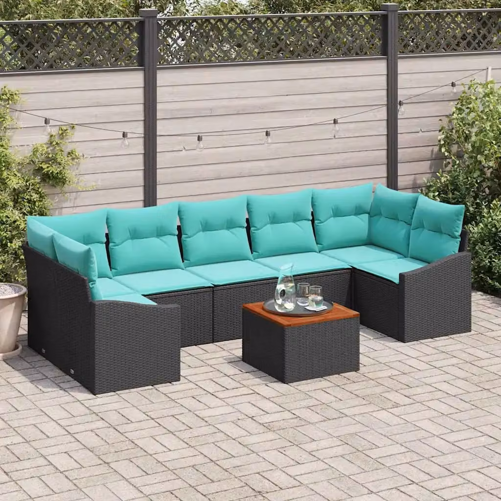 Set Divano da Giardino vidaXL 8 Pezzi Moderno a Forma di L con Tavolino e Cuscini, Colore Nero e Turchese, Struttura in Acciaio e Legno di Acacia