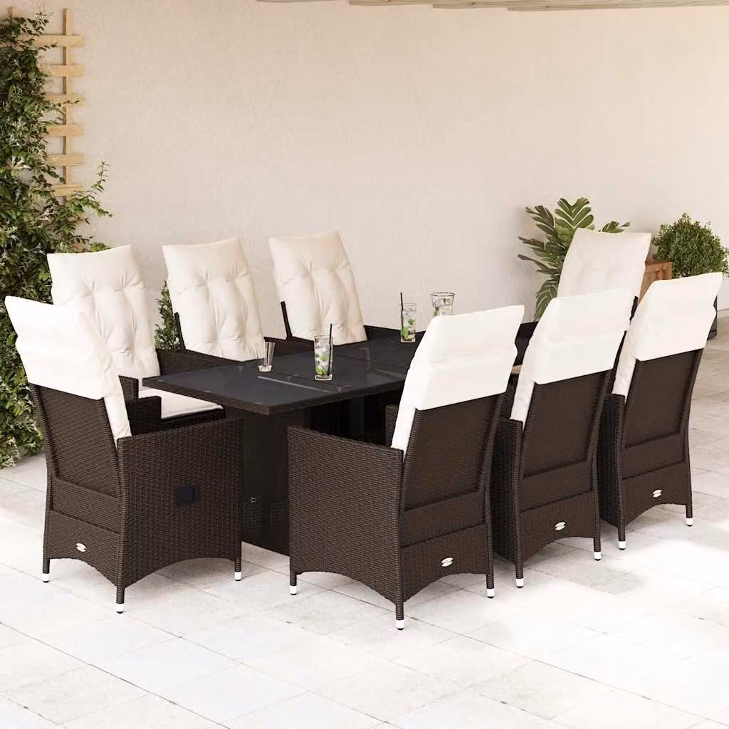 Set da pranzo da giardino vidaXL in polyrattan marrone con 9 pezzi e cuscini bianchi – 1