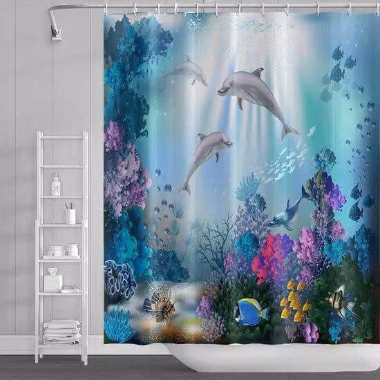 Tenda da doccia - Tenda per bagno - Decorazione per bagno - Poliestere impermeabile - 140x183 cm - Motivo: oceano e delfini