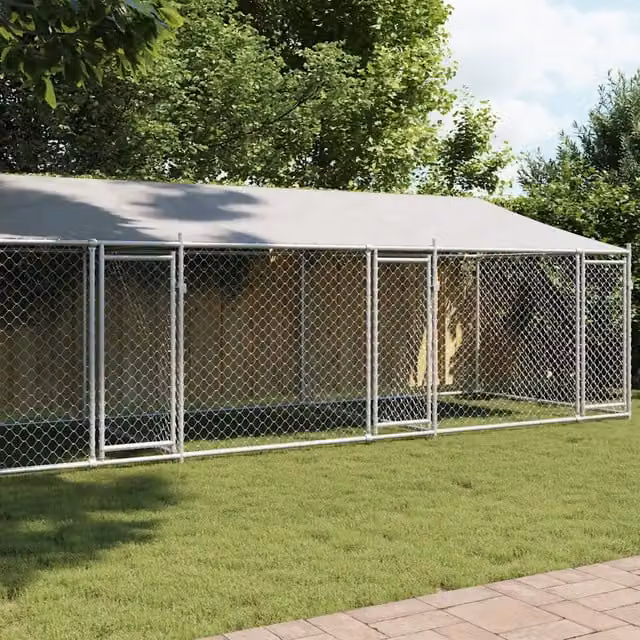 Gabbia per cani Vidaxl in acciaio zincato con tetto e porte, grigia, L: 8 m, P: 2 m, H: 2 m