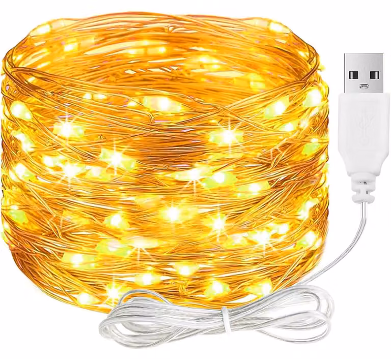 Catena luminosa a LED, alimentazione USB, 1 metro, 10 LED, filo di rame, luce bianco caldo