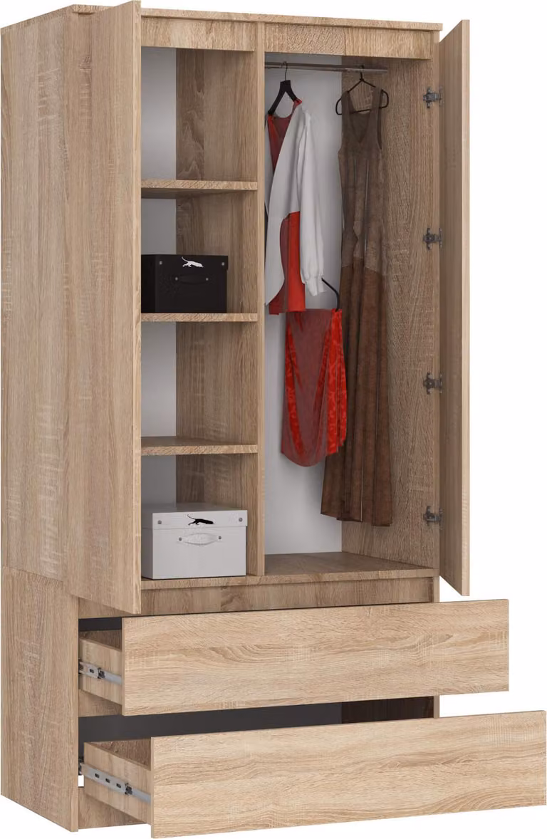 Armadio S90 da 90 cm, guardaroba a 2 ante e 2 cassetti, altezza 180 cm, CLP