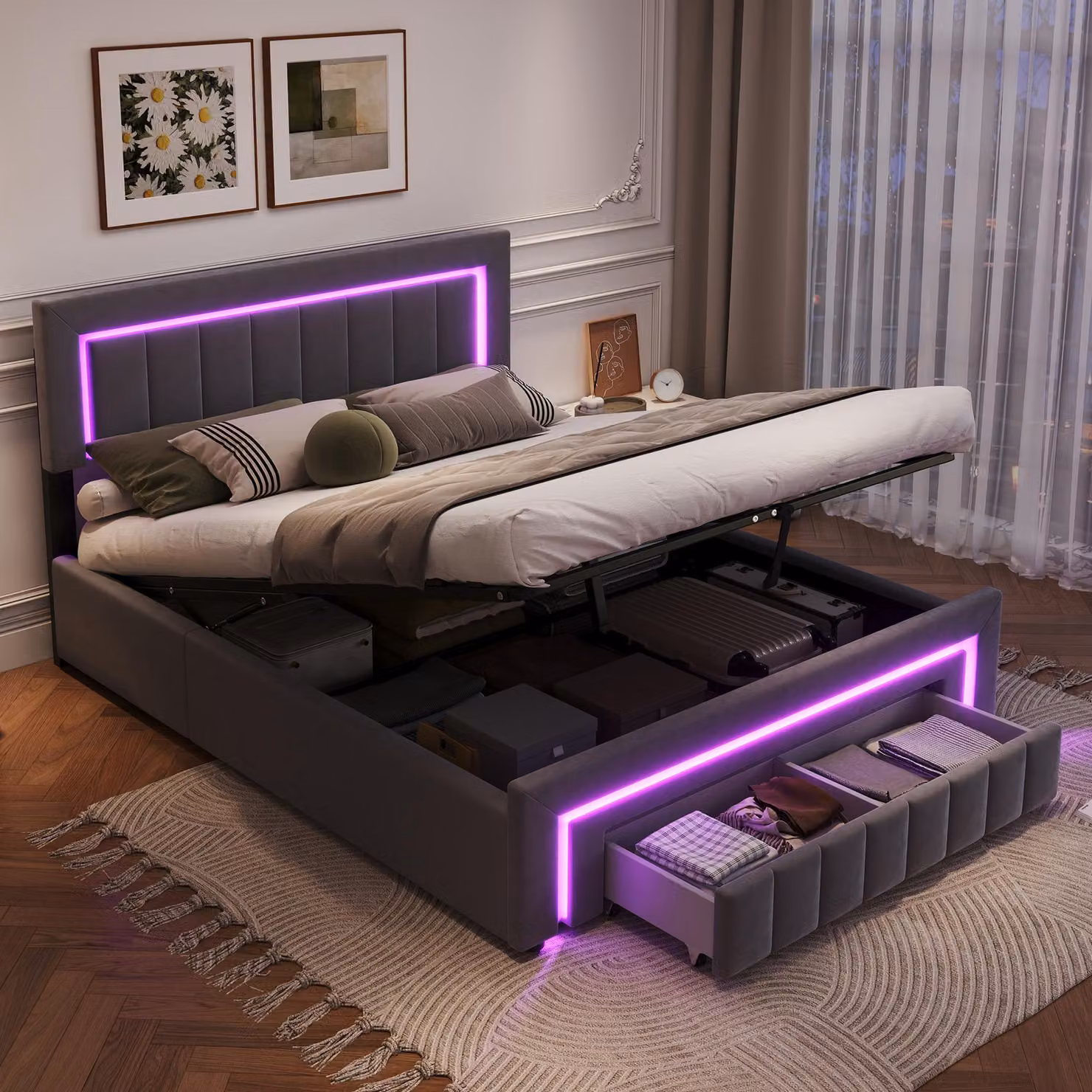 Letto matrimoniale Boxspring MODFU 160×200 con materasso, letto funzionale con luci LED e cassetti, letto imbottito in velluto con contenitore e rete a doghe, grigio scuro