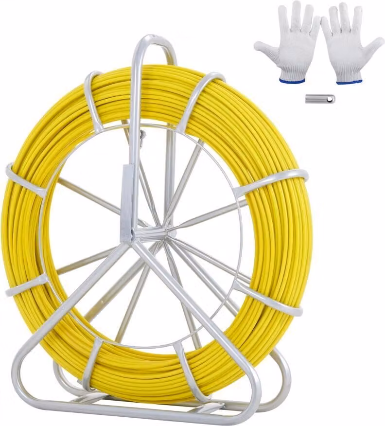 Ruota per cavi in fibra di vetro Ø7,9 mm x 150 m - Asta in fibra di vetro con bobina in acciaio - Guanti - Impugnatura del freno - Teste di trazione in metallo - Nastro per pesci da -40℃ a +80℃ Ausilio per l'inserimento - Nastro per l'inserimento - Spiral