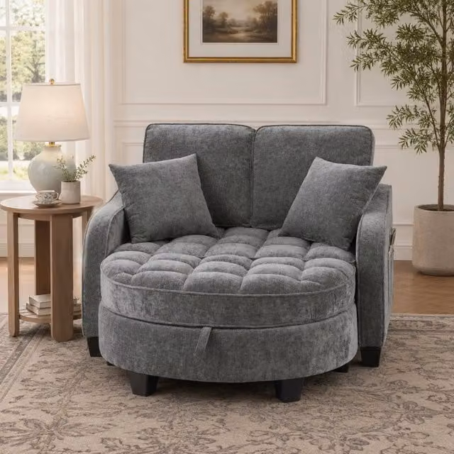 Divano letto 132x129x93 cm in legno di eucalipto grigio scuro con vano contenitore -