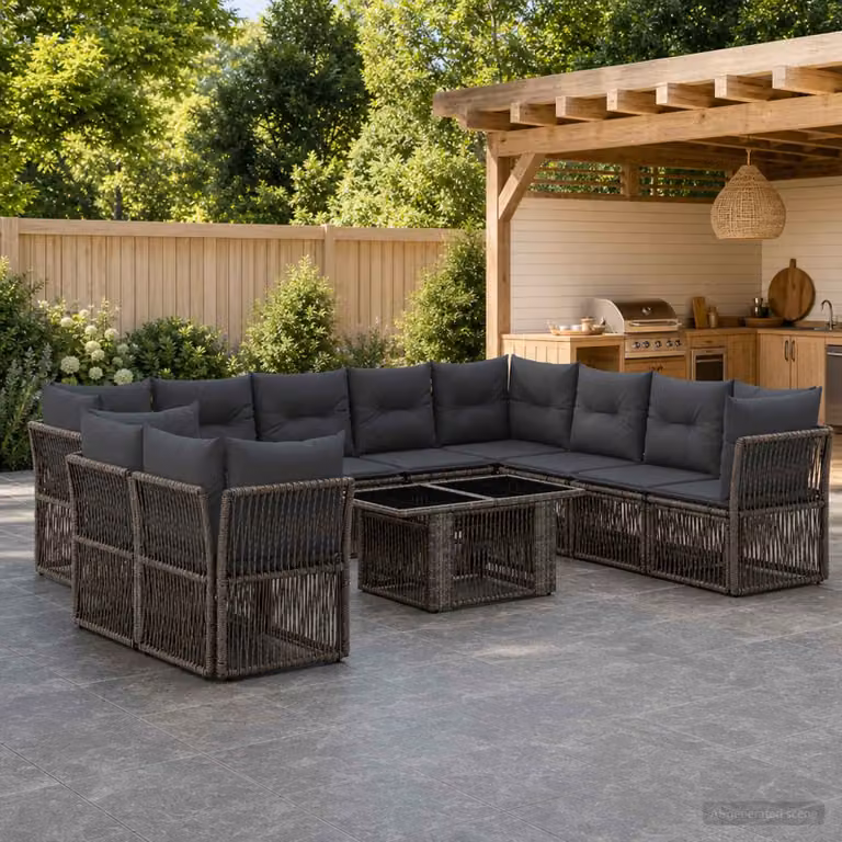 Set Divano da Giardino Moderno vidaXL in Polyrattan Grigio con 11 Pezzi e Tavolino da Esterno