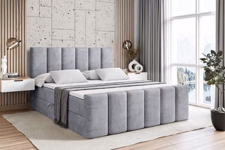 Letto boxspring ALTDECOR con pediera, materasso H3 e topper - 180x200 cm - BOXI1-Z - Velluto grigio chiaro - Letto imbottito con contenitore e rete a doghe, letto con spazio contenitivo