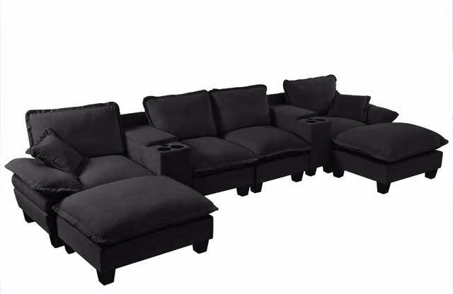 Divano panoramico a U Chicfurn in ciniglia nero con ricarica USB, portabicchieri, cuscini coordinati e 2 pouf